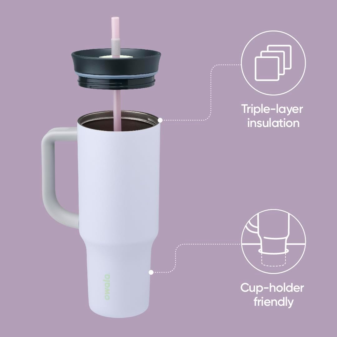 Owala 40 oz Stainless Steel Tumbler - Spill-Resistant Lid, Straw, Carry Handle - Purple Bunny Hop