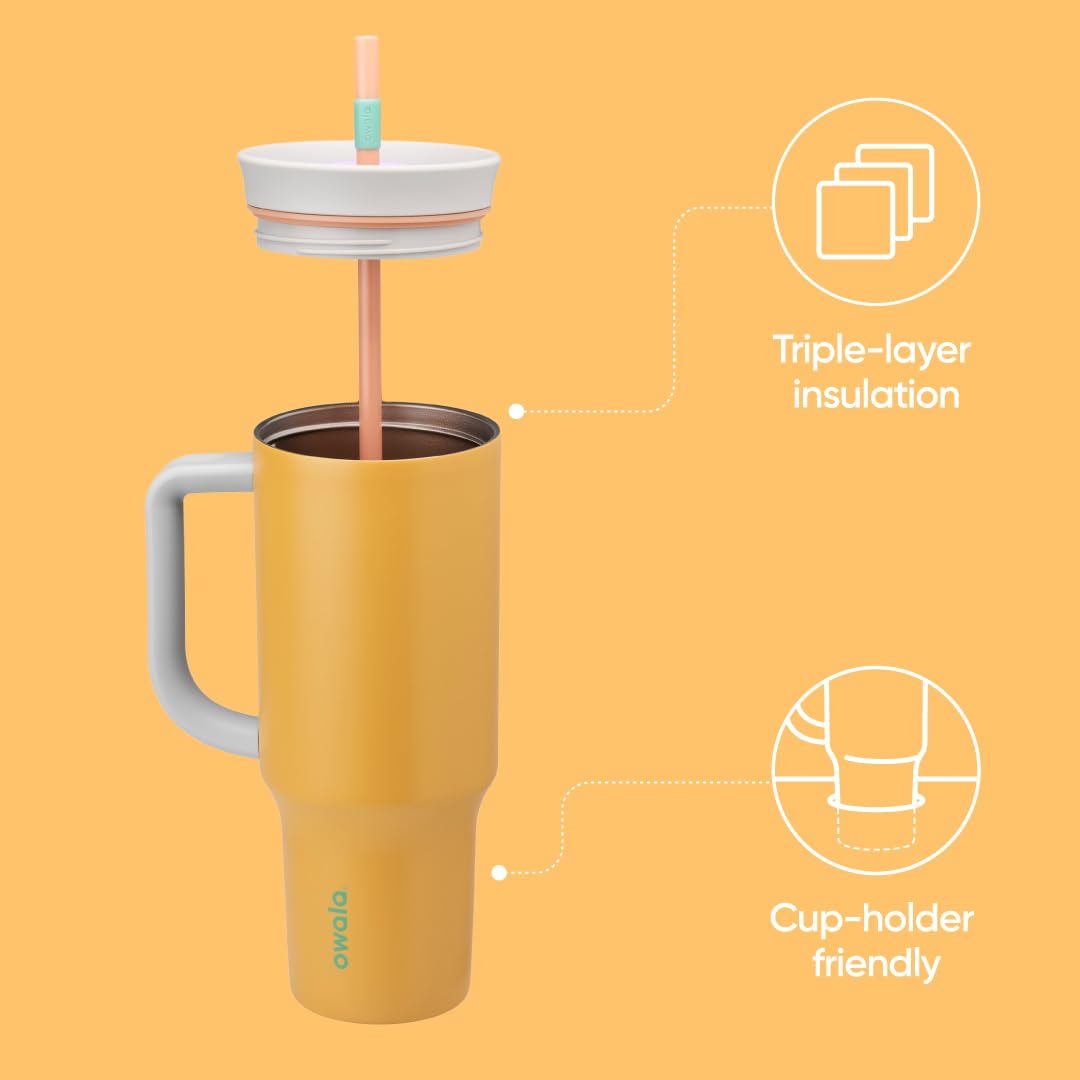 Owala 40 oz Stainless Steel Travel Tumbler with Spill-Resistant Lid – Triple-Layer Insulation, Carry Handle, Orange