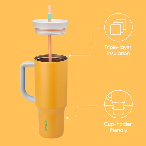 Owala 40 oz Stainless Steel Travel Tumbler with Spill-Resistant Lid – Triple-Layer Insulation, Carry Handle, Orange